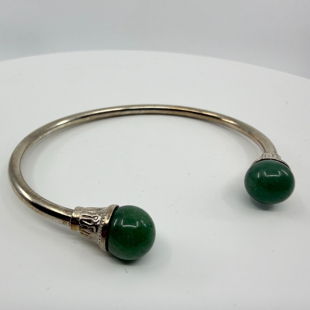Y2K Silver Tone Cuff Bracelet Green Stone Ball Ends Bohemian Statement Jewelry